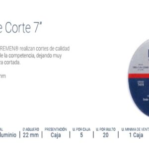 DISCO DE CORTE BREMEN® 7" (180x1.6x22mm) OX. ALUMINIO [10 unid]  