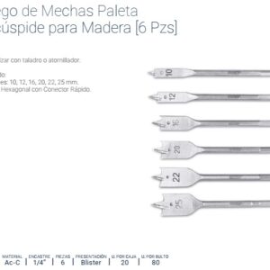 MECHA PALETA TRICUSPIDE p/ MADERA x 6 Pzs (10-25mm) BREMEN® 