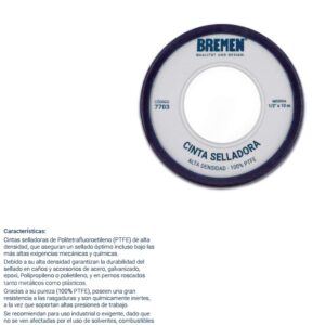 CINTA SELLADORA (PTFE) Alta densidad 3/4" (19 mm) x 40 m BREMEN® [10 unid]
