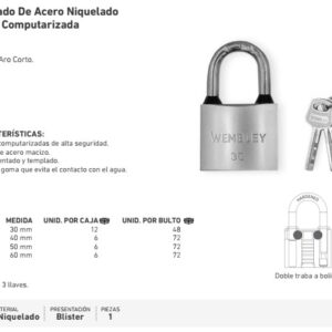 CANDADO DE ACERO NIQUELADO LLAVE COMPUTARIZADA 60mm WEMBLEY®