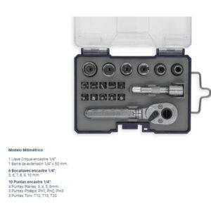 JUEGO LLAVE CRIQUE 1/4" CON BOCALLAVES Y PUNTAS (18 PZS) BREMEN®